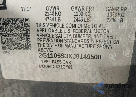 2018 Chevrolet Impala 1Lt z USA, uszkodzony, nr VIN 2G1105S3XJ9149508